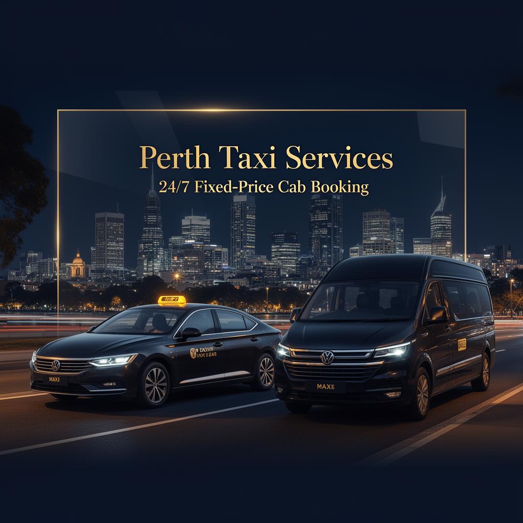 Perth Taxi Services maxi cab outside Perth city skyline